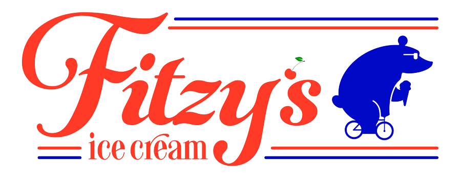 Fitzy's Ice Cream logo with bear riding bicycling, eating ice cream
