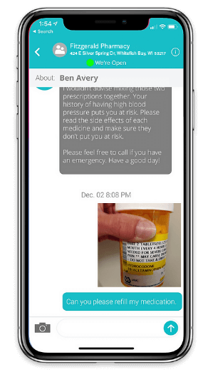 Display of iPhone conversation in My Pharmacy App between customer and Fitzgerald Pharmacy, requesting a prescription refill